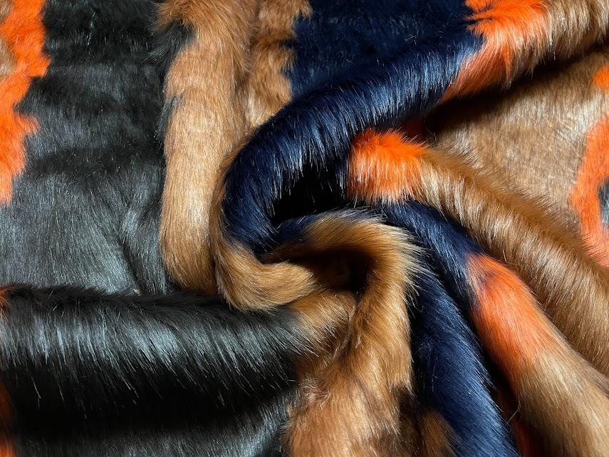 Super Luxury Faux Fur Fabric Material Long Ginger Navy Dark Brown Orange Stripe Crs Fur Fabrics 5688